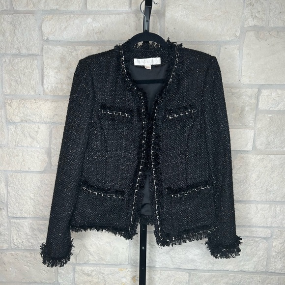 Boston Proper Parisian Wool Blend Jacket Black and Silver Size 12 Chain Trim - Picture 4 of 9